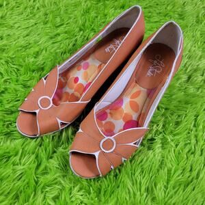 Orange White Floral Peep Toe Wedge Heels, 8.5